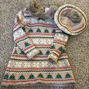 Cozy Beige Patterned Kids Sweater Dress with Hat